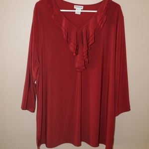 Burgundy ruffle blouse.